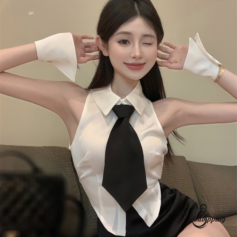 Áo Sơ Mi Không Tay Phối Cà Vạt Thời Trang Mùa Hè Hàn Quốc Ngọt Ngào