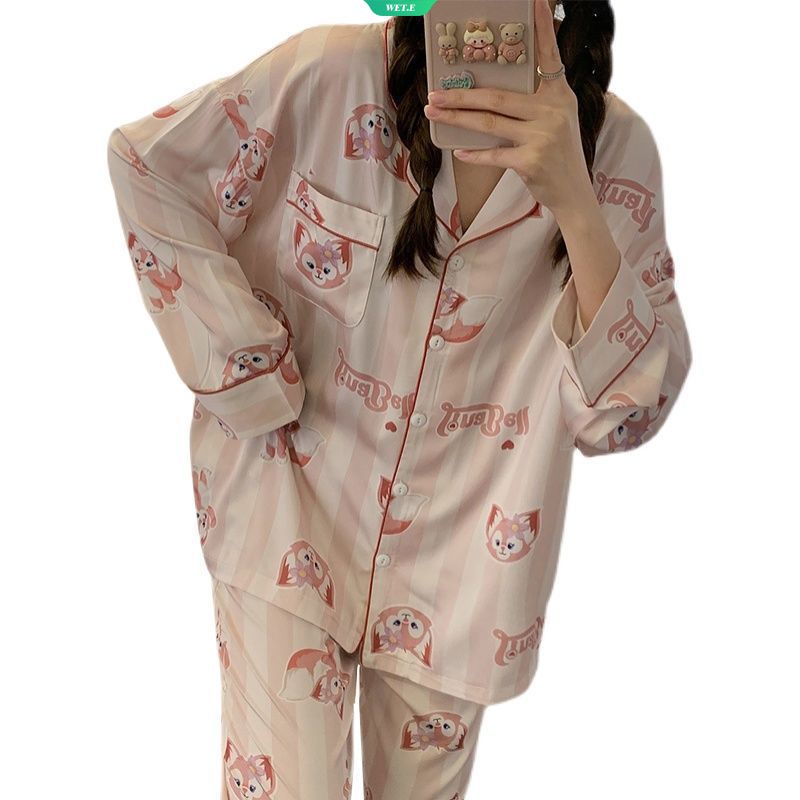 Bộ Đồ Ngủ Tay Dài Dáng Rộng In Họa Tiết Hoạt Hình Kiểu Hàn Quốc Thời Trang Xuân Thu Cho Nữ