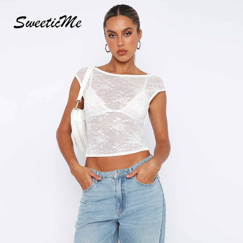 Áo Thun Tay Ngắn Cổ Tròn Hở Lưng Màu Trơn Họa Tiết Hoa Thời Trang 2023 Dành Cho Bạn Nữ