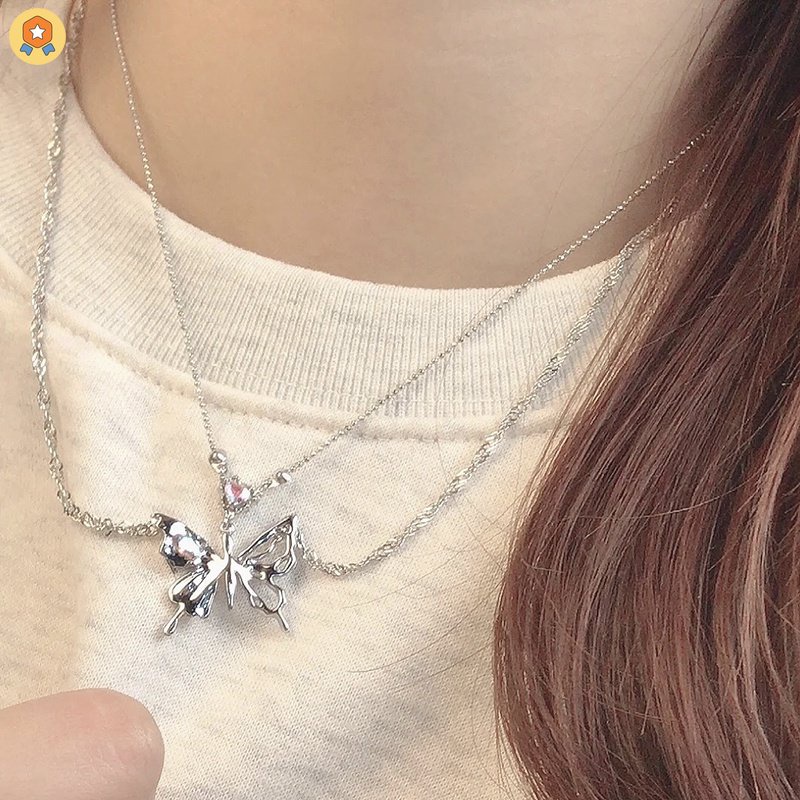 Vòng cổ Hai Lớp Mặt Hình Trái Tim Và Bướm Phong Cách Hip Hop Kpop Cho Nữ HGF HYJP2