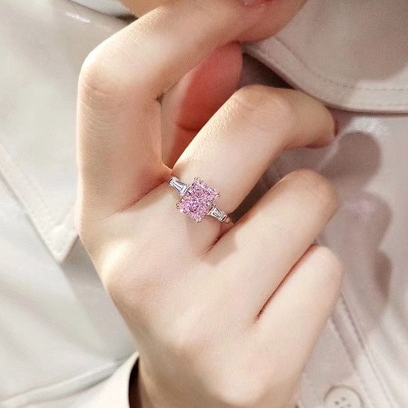 Nhẫn Đính Đá Zircon Hình Vuông Màu Hồng Thời Trang Lãng Mạn Cho Nữ