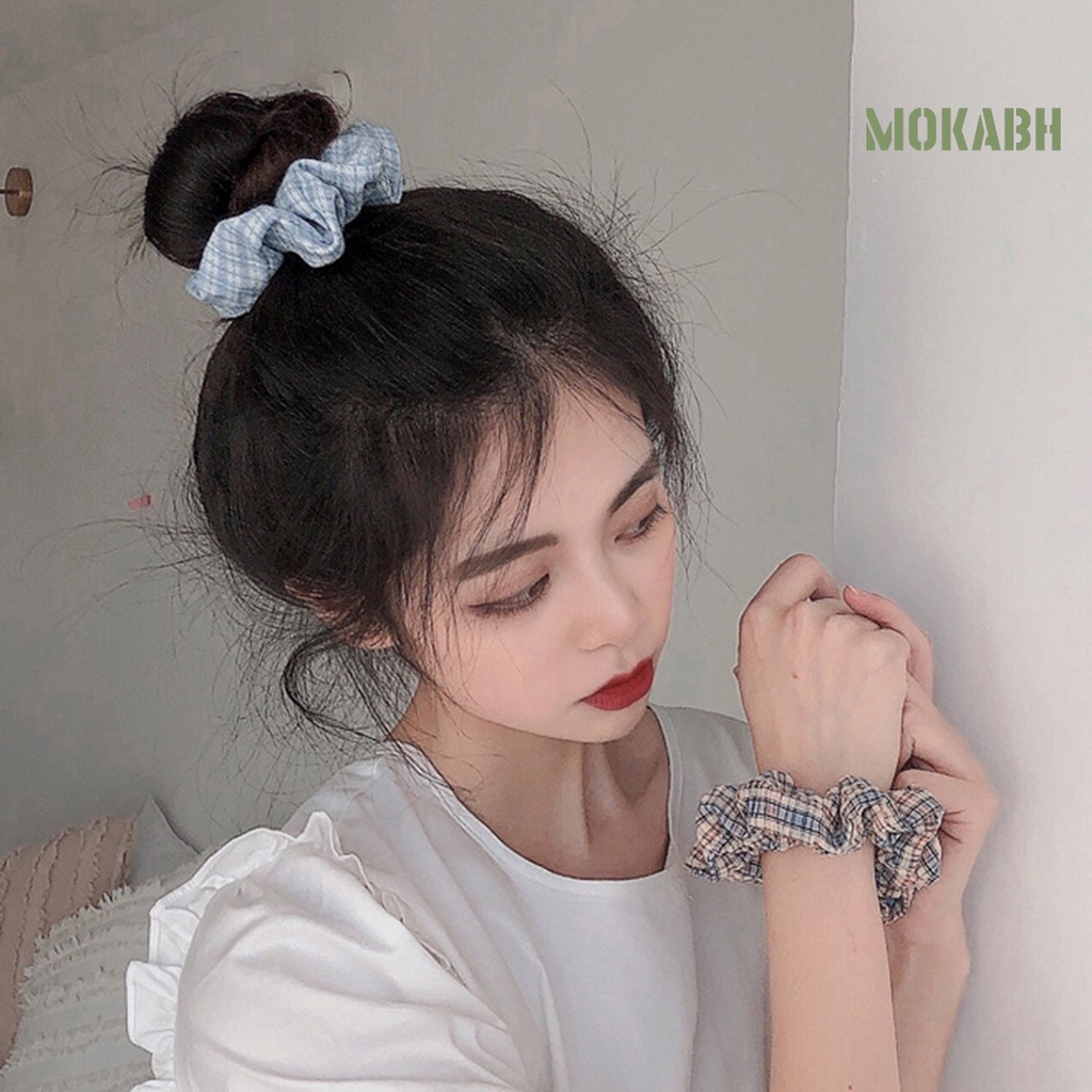 Dây Cột Tóc Co Giãn Họa Tiết Sọc Caro Phong Cách Hàn Quốc Ngọt Ngào Cho Nữ