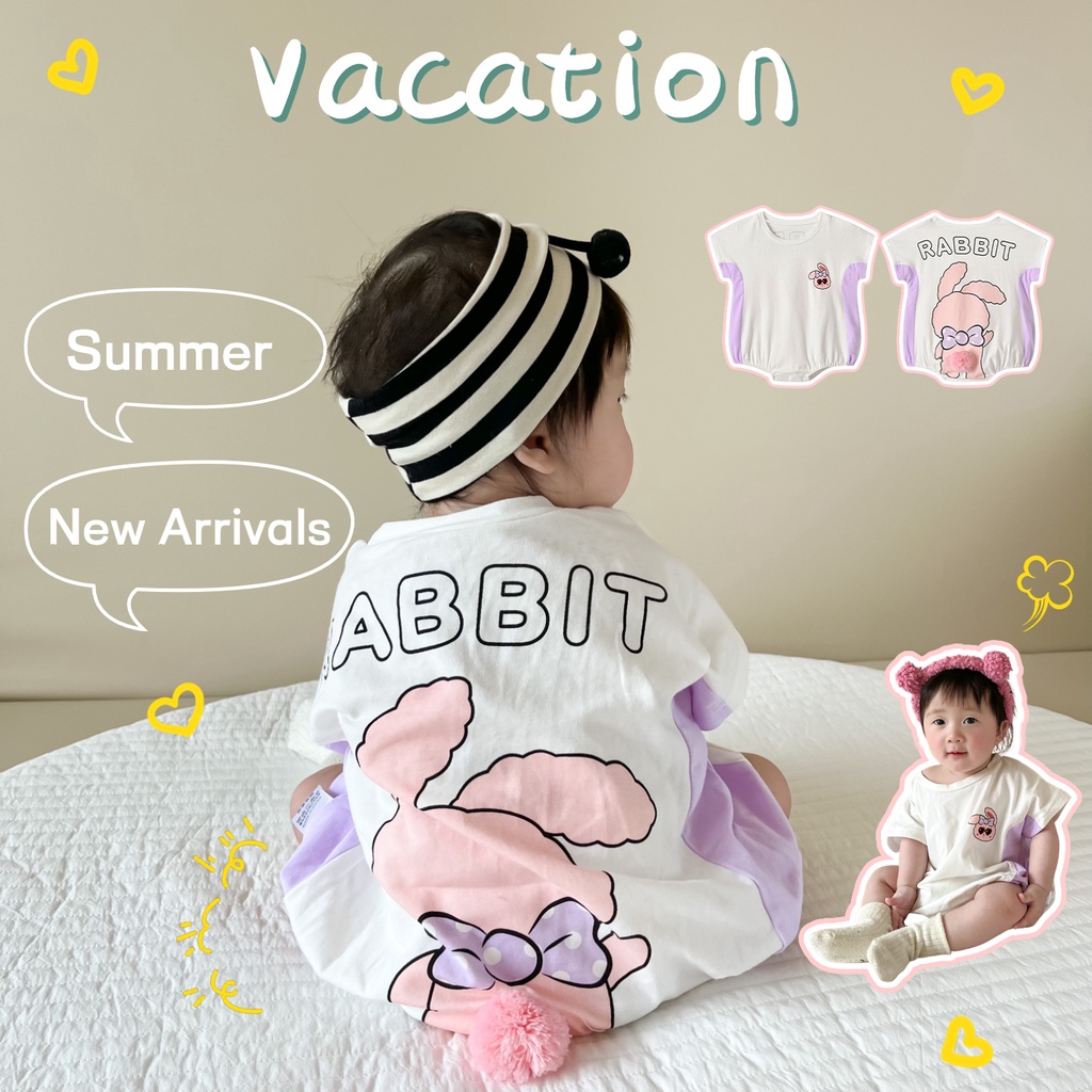 Áo Liền Quần Tam Giác Tay Ngắn Bằng Vải Cotton Mỏng In Họa Tiết Thỏ Hoạt Hình Dành Cho Bé Gái 0-24 Tháng Tuổi