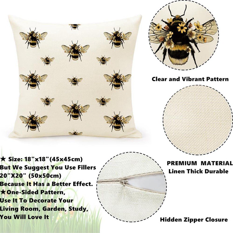 Bộ 4 Vỏ Gối Họa Tiết Chú Ong Trang Trí Nhà Cửa 18X18