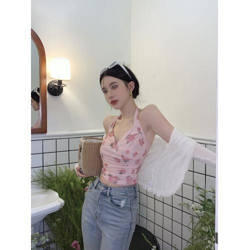 Áo Croptop Hai Dây Cổ Chữ V In Họa Tiết Hoa Hồng Xinh Xắn Thời Trang Hè Cho Nữ