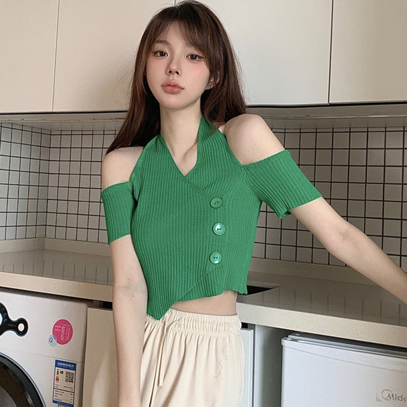 IELGY    Áo Thun Tay Ngắn Cổ Chữ v Hở Vai Phong Cách retro Dành Cho Nữ