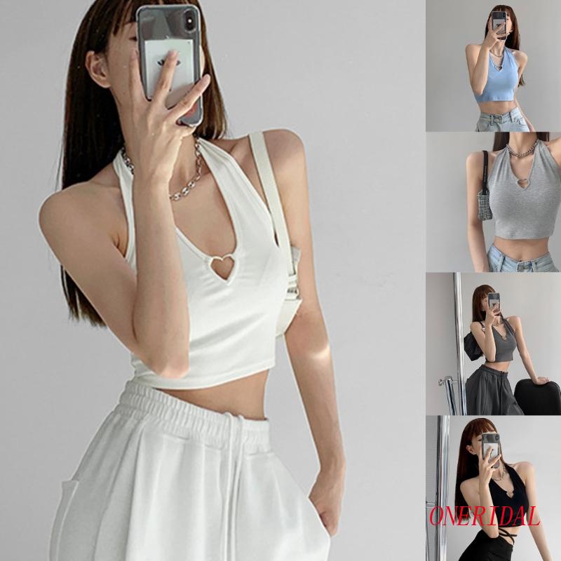Áo Croptop Sát Nách Cổ Chữ V Màu Trơn Có Vòng Kim Loại Ôm Dáng Gợi Cảm Cho Nữ