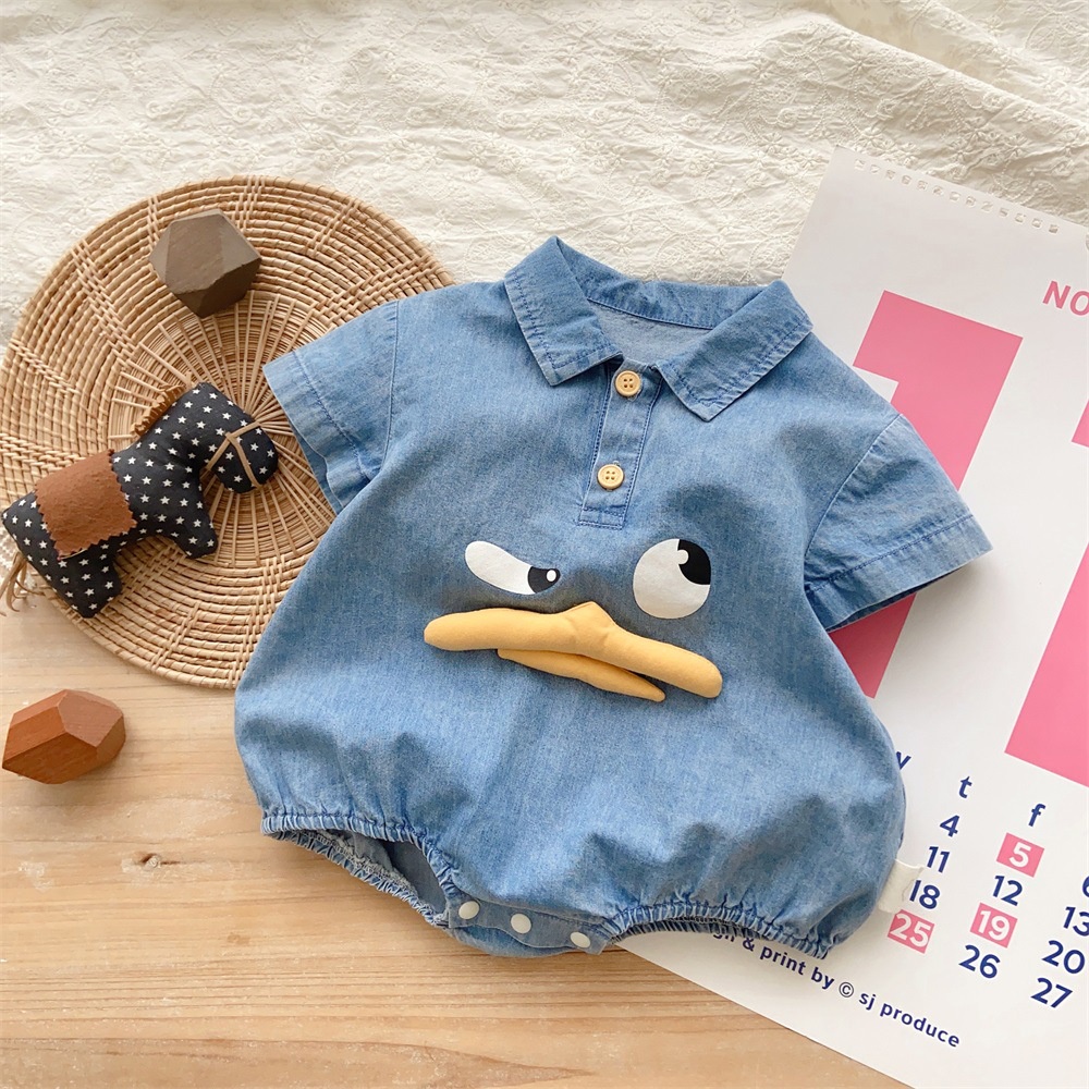 Bộ Áo Liền Quần Vải Denim Tay Ngắn Dễ Thương Thời Trang Mùa Hè Cho Bé