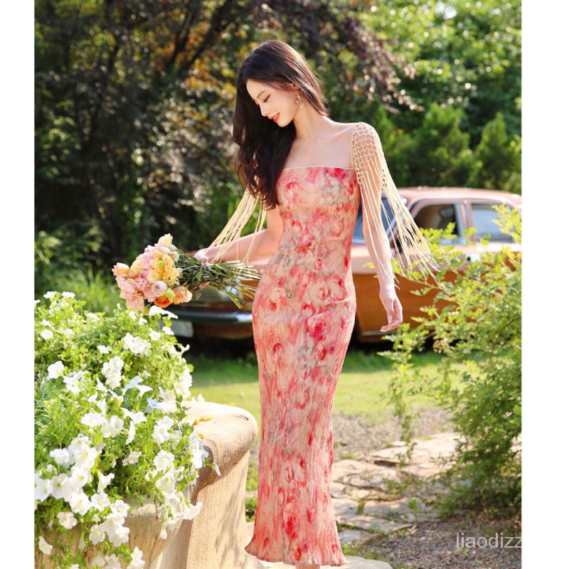 Đầm Đuôi Cá Một Dây Làm Bằng Tay Taoyao [Váy Dài In Họa Tiết Nữ Thần Trung Quốc Kiểu Mới Mùa Hè