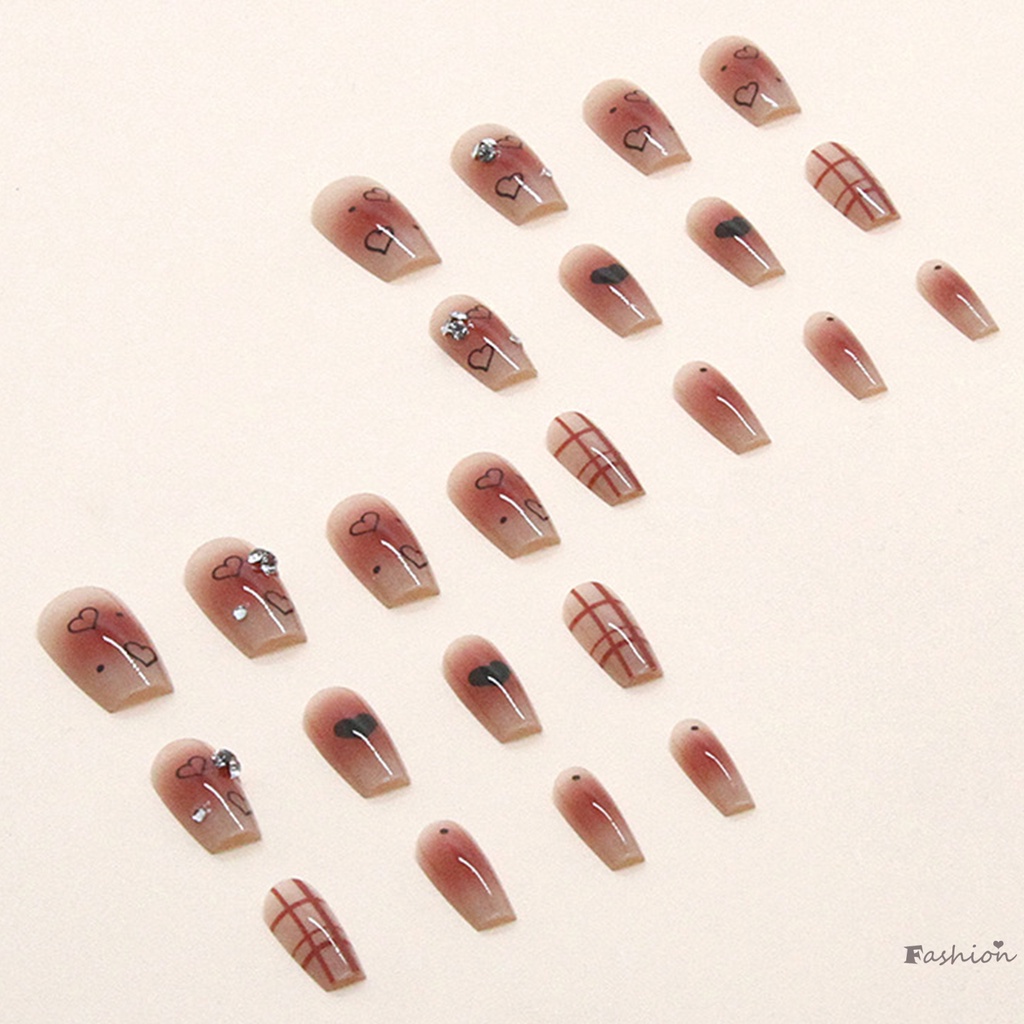 Móng Tay Giả Mỏng Che Phủ Toàn Diện Họa Tiết Trái Tim Kẻ Sọc