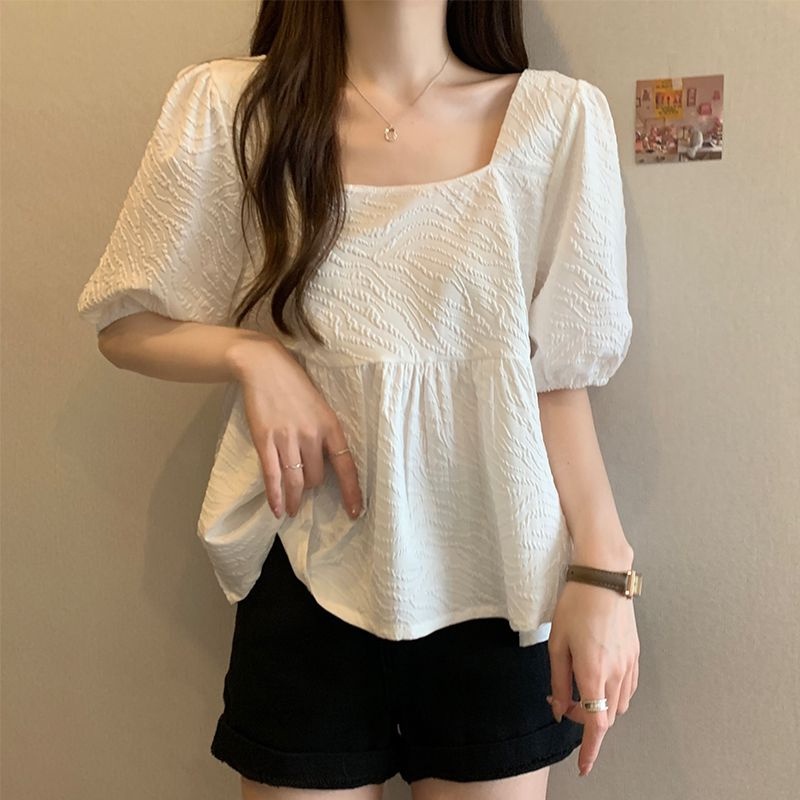 Áo Thun Tay Ngắn Phồng Cổ Vuông Dáng Rộng Thời Trang Cho Nữ