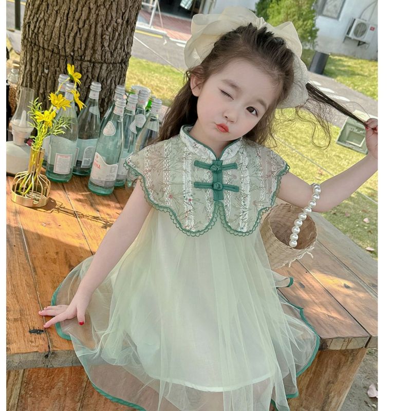 Đầm Sườn Xám Thêu Họa Tiết Xinh Xắn Theo Phong Cách Retro Dành Cho Bé Gái