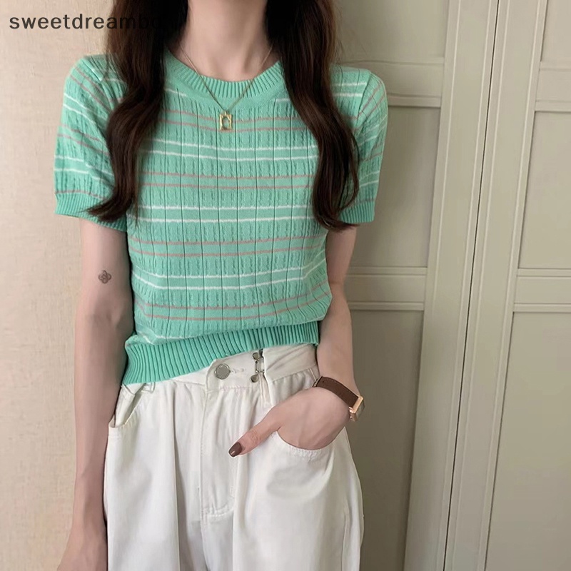 Swe mùa hè sọc ngắn tay Áo dệt kim T-Shirt phụ nữ giản dị vòng cổ mỏng Crop Top drn