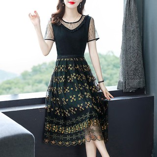 Đầm Lưới Cổ Vuông Cao Cấp In Họa Tiết Phong Cách Hàn Quốc Mới