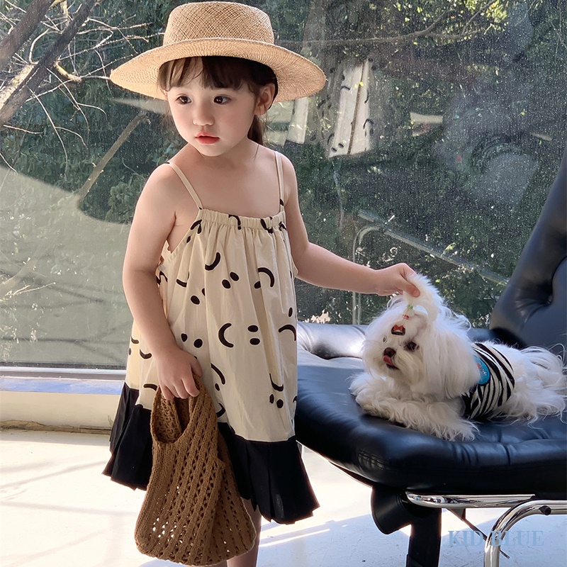 Đầm Hai Dây In Hình Mặt Cười Phong Cách Hàn Quốc Thời Trang Mùa Hè Xinh Xắn Cho Bé Gái