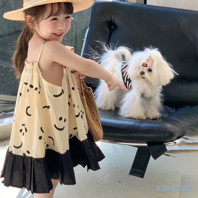 Đầm Hai Dây In Hình Mặt Cười Phong Cách Hàn Quốc Thời Trang Mùa Hè Xinh Xắn Cho Bé Gái