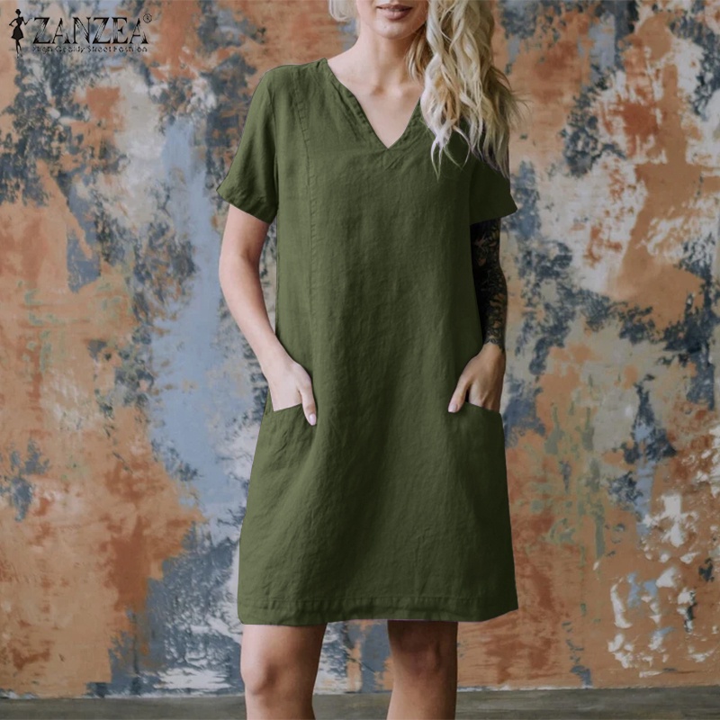 ZANZEA Đầm Ngắn Tay Cổ Chữ V Có Túi Phong Cách Vintage Nữ Tính
