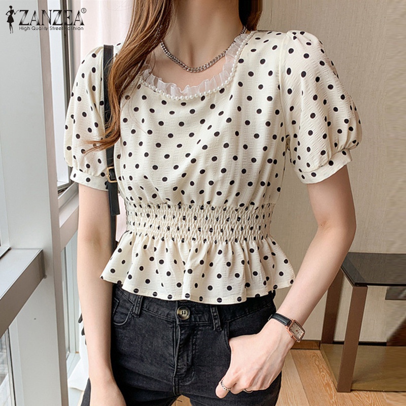 ZANZEA Áo Kiểu Cổ Vuông Tay Phồng Lưng Thun Thời Trang Hàn Quốc Cho Nữ