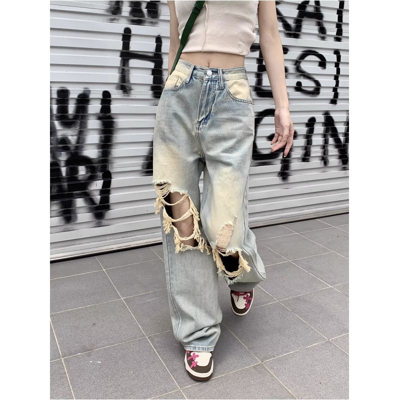 Quần Jean Rách Ống Rộng Lưng Cao Thời Trang Mùa Hè Phong Cách Mỹ Cổ Điển Kiểu Mới Dành Cho Bạn Nữ