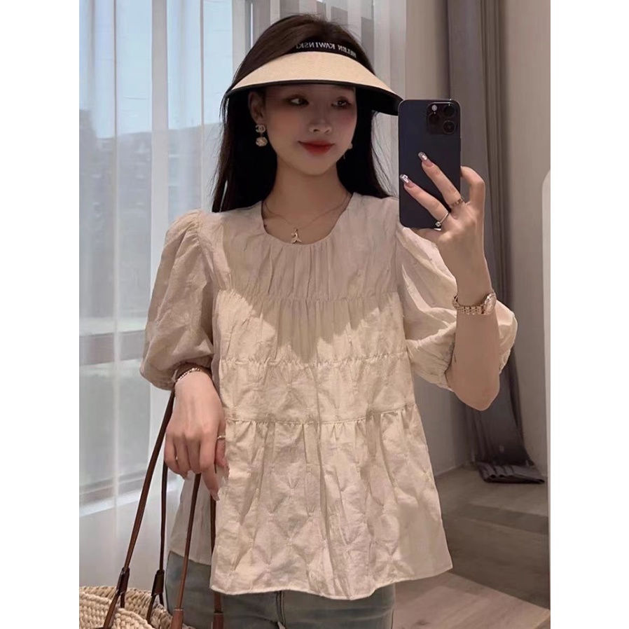 Áo Kiểu Tay Phồng Cổ Tròn Thời Trang Mùa Hè Pháp Cho Nữ