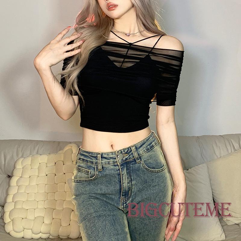 Set Áo Sát Nách Cổ Chữ V Màu Trơn + Áo Lưới Xuyên Thấu Thời Trang Nữ