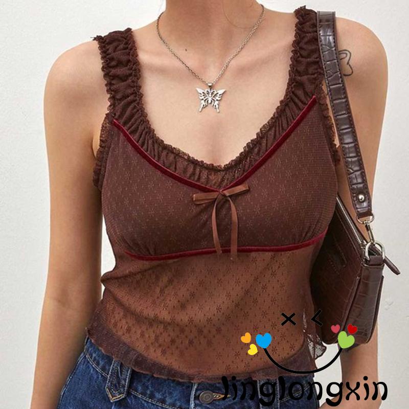 Áo Tank Top 2 Dây In Hoa Ôm Dáng Phối Lưới Gợi Cảm Cho Nữ