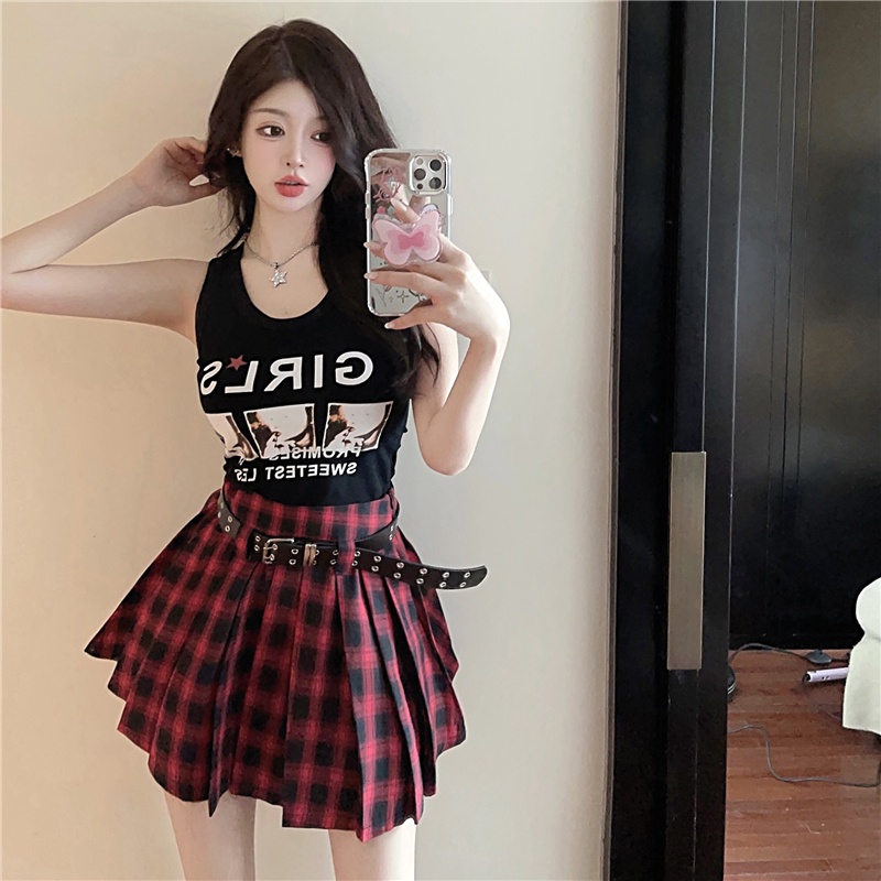 Chân Váy Dáng Chữ A Lưng Cao Họa Tiết Sọc Caro Xinh Xắn Thời Trang