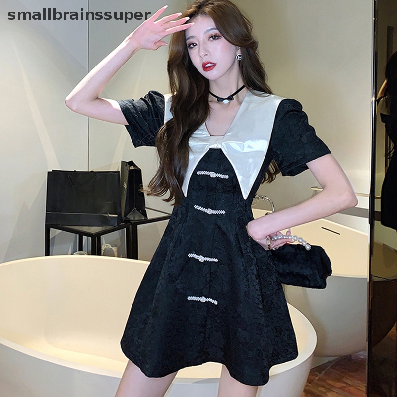 Đầm Cổ Bẻ Thắt Nơ Màu Tương Phản Phong Cách Pháp Thời Trang Mùa Hè Cho Nữ SBS