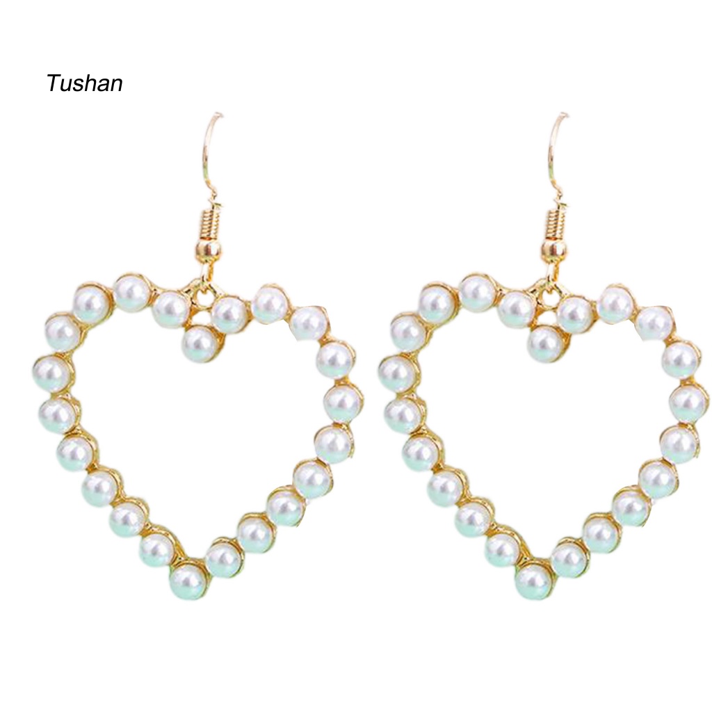 1 Đôi Bông Tai Hình Trái Tim Đính Ngọc Trai Nhân Tạo Thời Trang