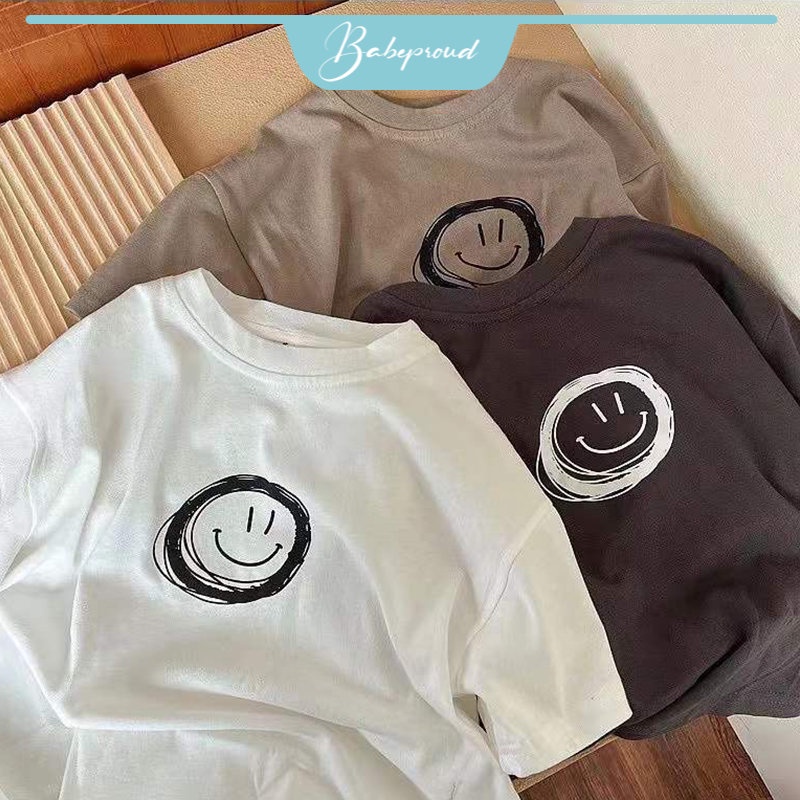 BABEPROUD Áo Thun Tay Ngắn In Hình Mặt Cười Bằng Vải Cotton Phong Cách Hàn Quốc Dành Cho Bé Trai Gái 2-9 Tuổi