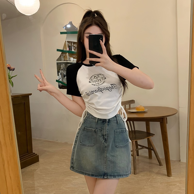 Áo Thun Tay Ngắn Phối Dây Rút Màu Sắc Thời Trang Mùa Hè Xinh Xắn Cho Nữ