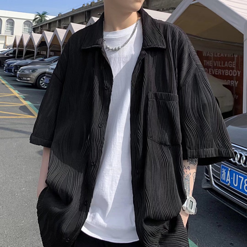 Áo Sơ Mi Tay Lửng Dáng Rộng Xếp Ly Gợn Sóng Thời Trang Mùa Hè Cho Nam