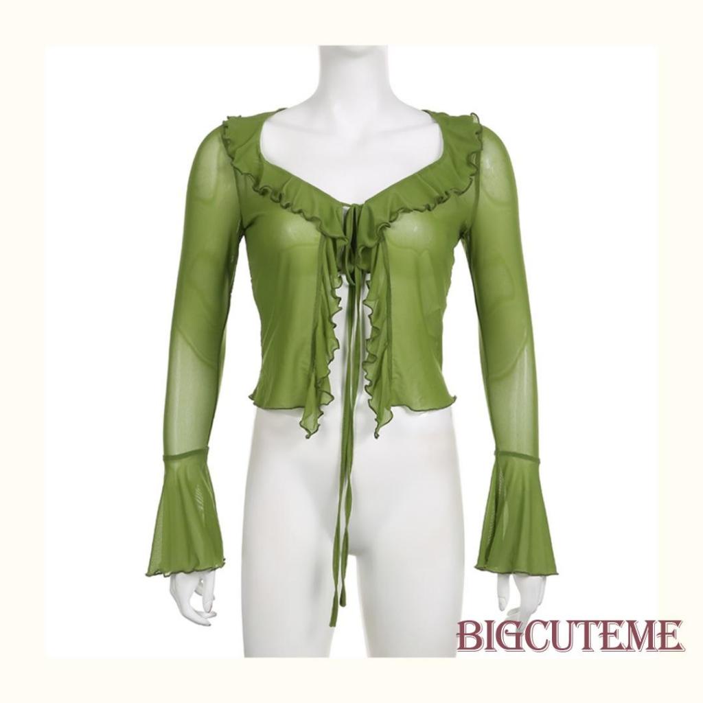 Áo Croptop Tay Dài Phối Lưới Xuyên Thấu Cột Nơ Trước Phong Cách Đường Phố Thời Trang Mùa Hè Cho Nữ