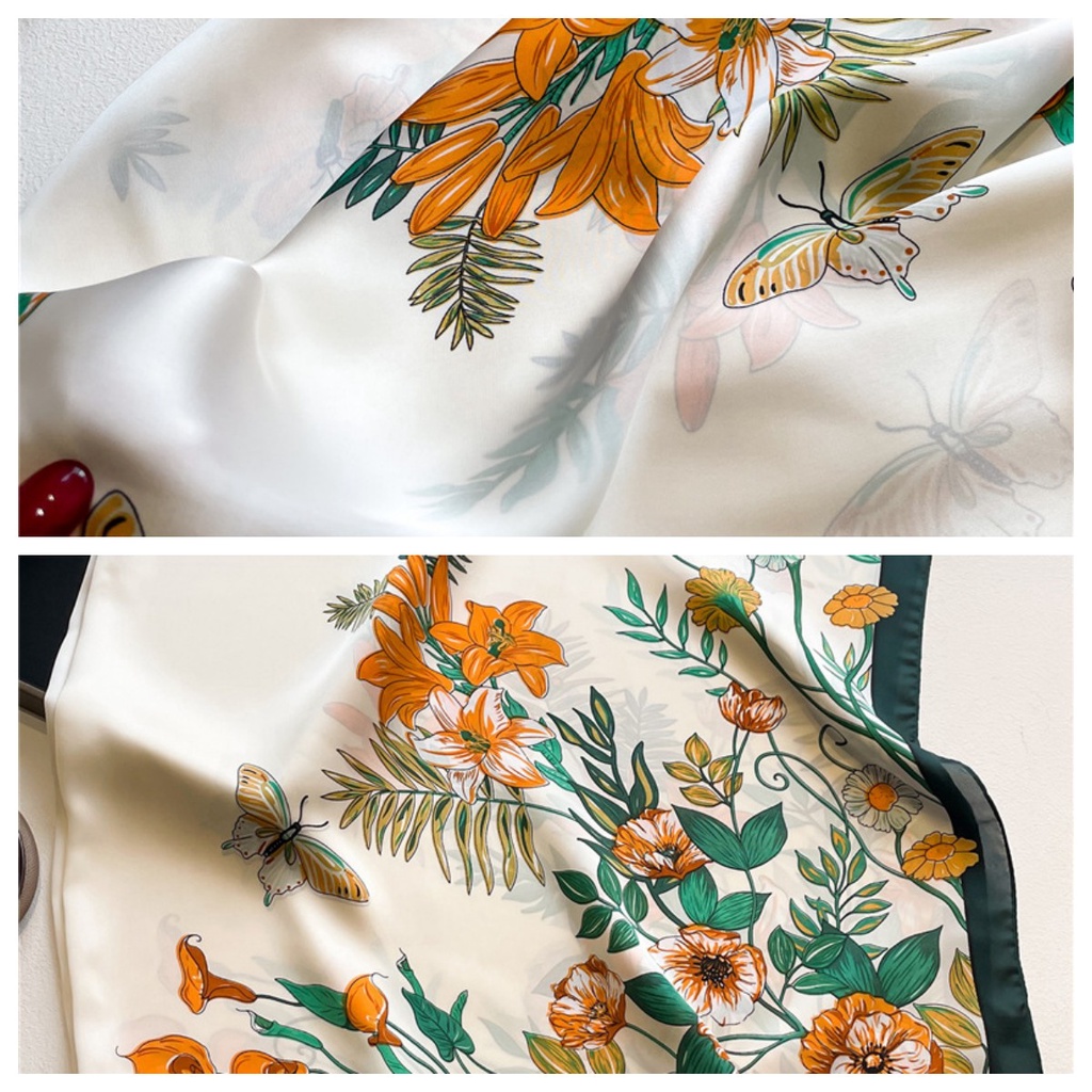 Khăn Choàng Cổ Hình Vuông Cỡ Lớn 110cm Vải Lụa Satin In Họa Tiết Hoa Và Bướm Thời Trang Mùa Hè Dễ Phối Đồ