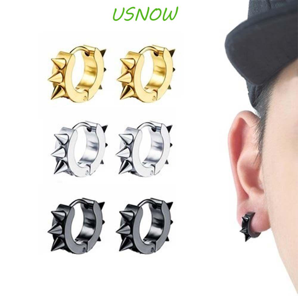 Khuyên Tai Thép Không Gỉ Dạng Vòng Gắn Đinh Tán Màu Đen Phong Cách Punk Thời Trang Cho Nam
