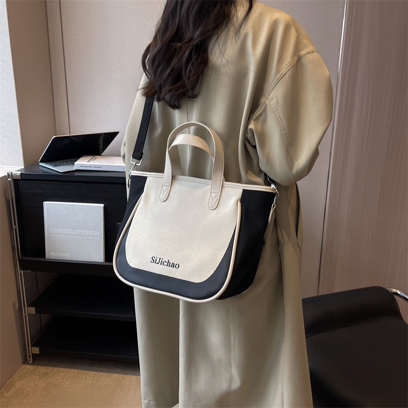 Túi tote Hình Vuông Bằng Vải Bạt Màu Tương Phản Thời Trang Hàn Quốc Cho Nữ