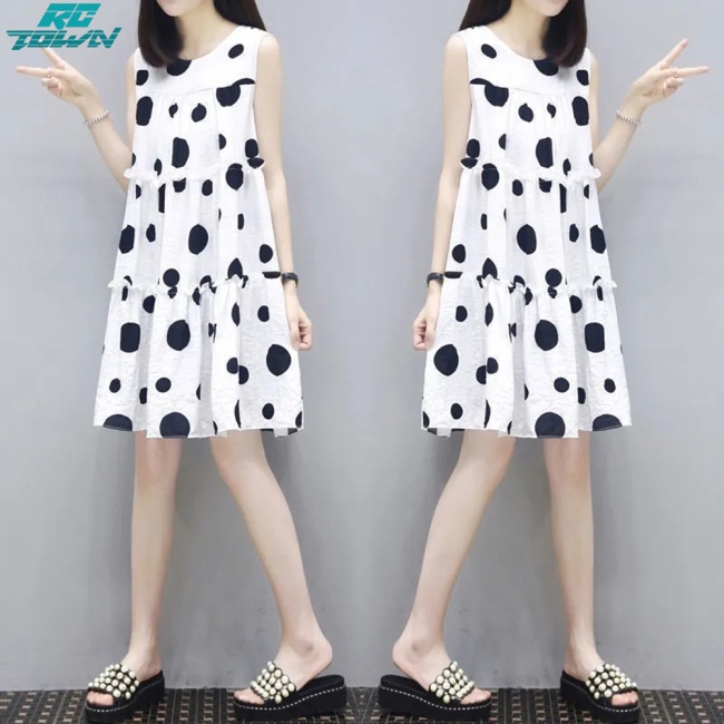 Đầm Midi Chữ A Sát Nách Cổ Tròn Dáng Rộng Họa Tiết Chấm Bi Dễ Thương