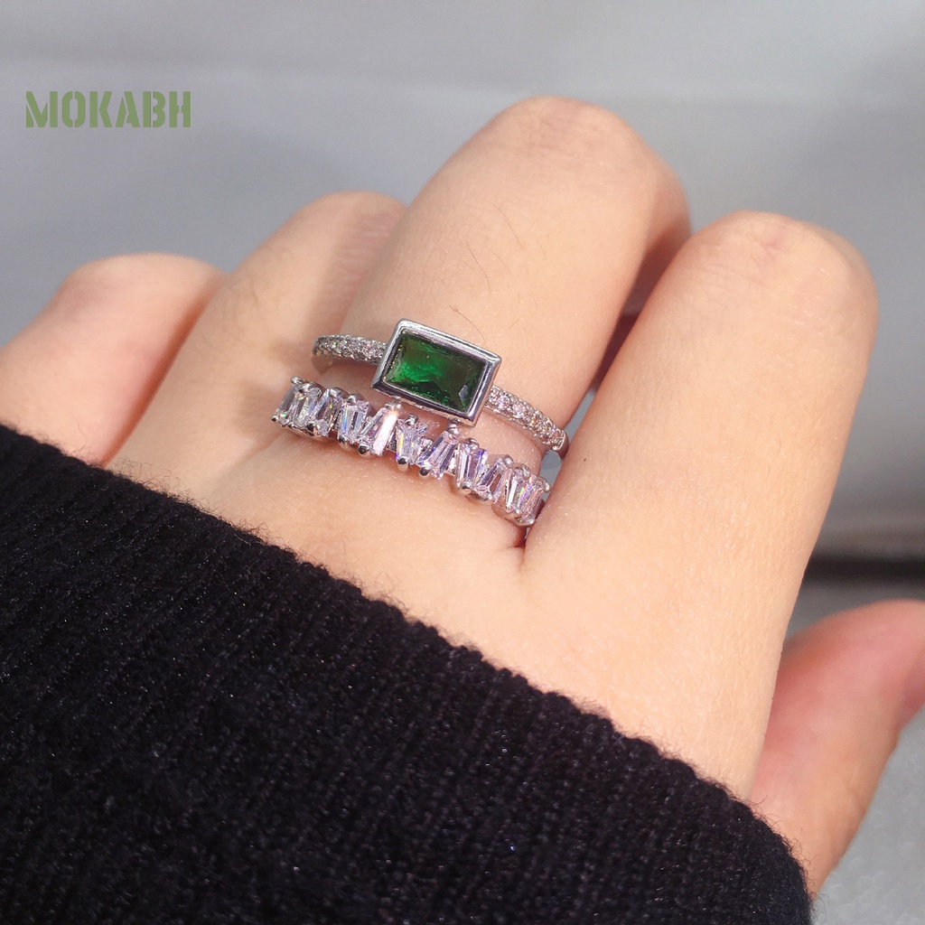 [Mới] Nhẫn Cưới Hai Lớp Dạng Mở Đính Đá Zircon Giả Màu Xanh Lá Có Thể Điều Chỉnh Làm Quà Tặng Valentines