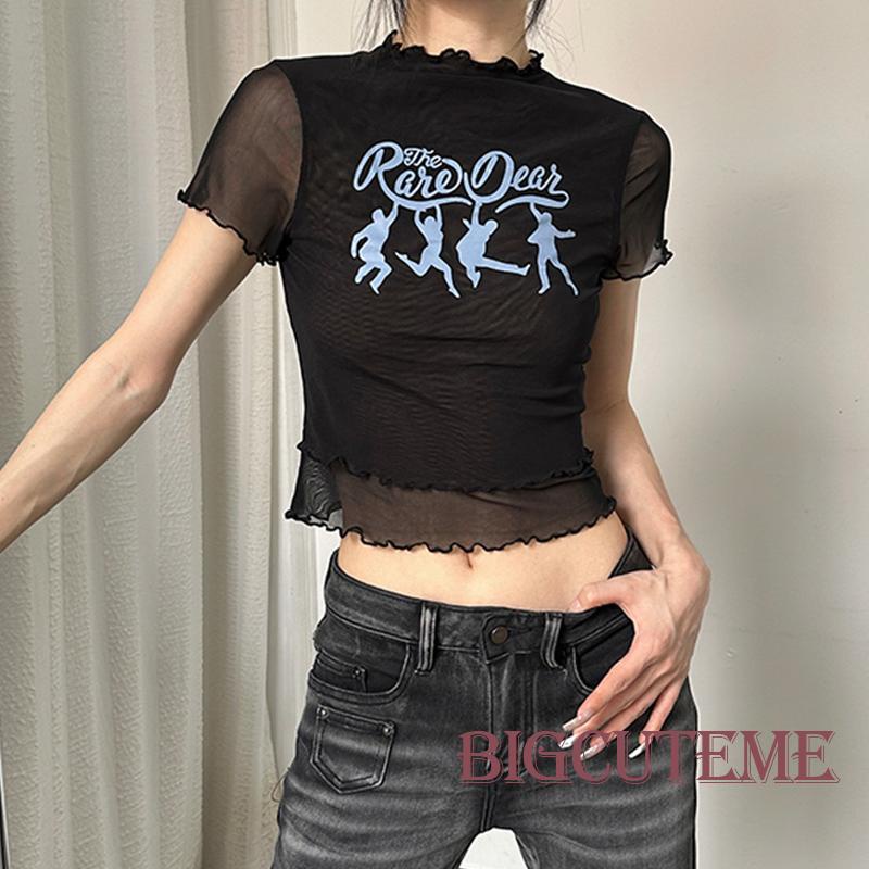 [] Áo Thun Lưới Tay Ngắn In Chữ Lettuce Trim Cơ Bản Mùa Hè Màu Đen Cho Nữ