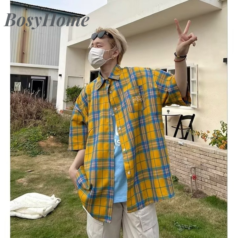 Bosyhome Áo Sơ Mi Ngắn Tay Dáng Rộng Kẻ Caro Vàng Cổ Điển Giản Dị Cho Cặp Đôi Mặc Thường Ngày
