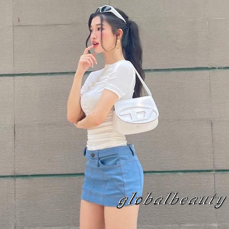 Áo Thun Ngắn Tay Cổ Tròn Xếp Ly Màu Trơn Thời Trang Mùa Hè Cho Nữ