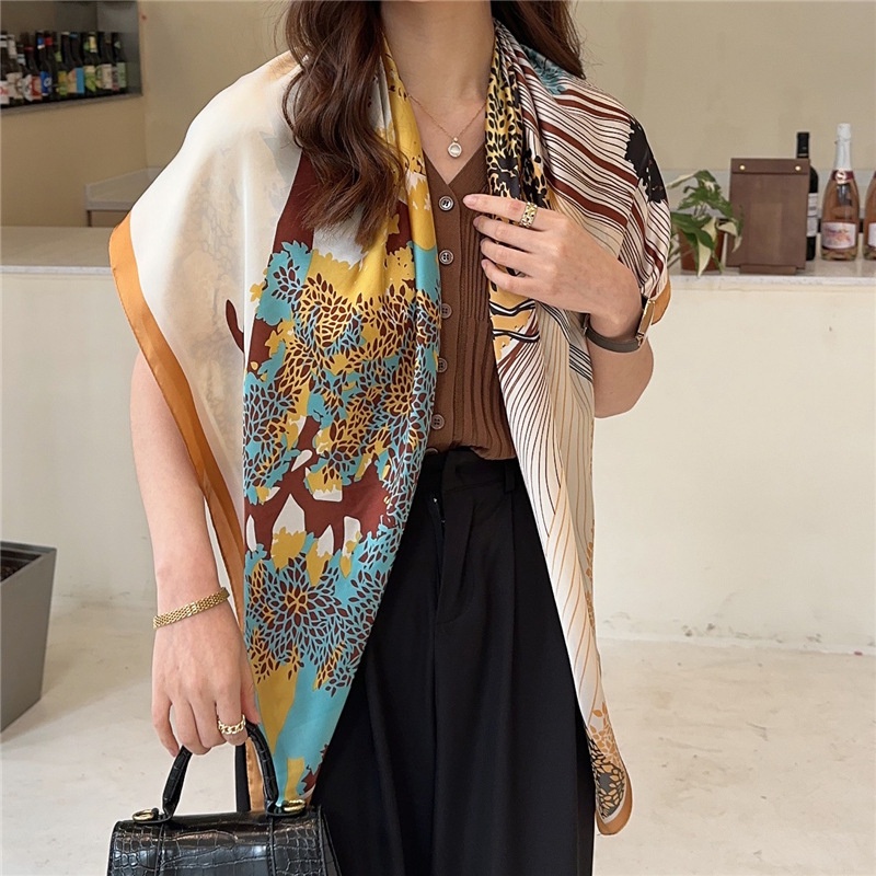 Khăn Choàng Lụa Satin Vuông 110cm Chống Nắng Dễ Phối Đồ Thời Trang Mùa Hè Cho Nữ Sự Bảo Vệ