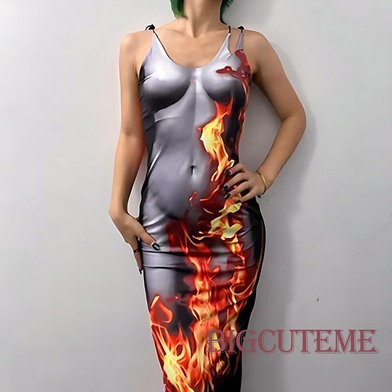 [] Đầm Dài Dáng Ôm Không Tay In Họa Tiết Ngọn Lửa Thời Trang Mùa Hè Ôm Dáng Cho Nữ