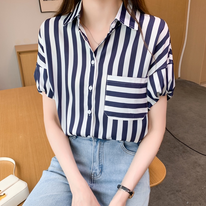 Áo Sơ Mi Chiffon Tay Ngắn Kẻ Sọc Dáng Rộng Phong Cách Phương Tây Thời Trang Mùa Hè Cho Nữ Thẻ