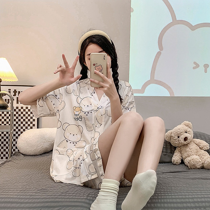 Bộ Đồ Ngủ Áo Tay Ngắn Phồng Cổ Chữ V Phối Quần Short Vải Cotton Thời Trang Mùa Hè Mới Cho Bạn Gái