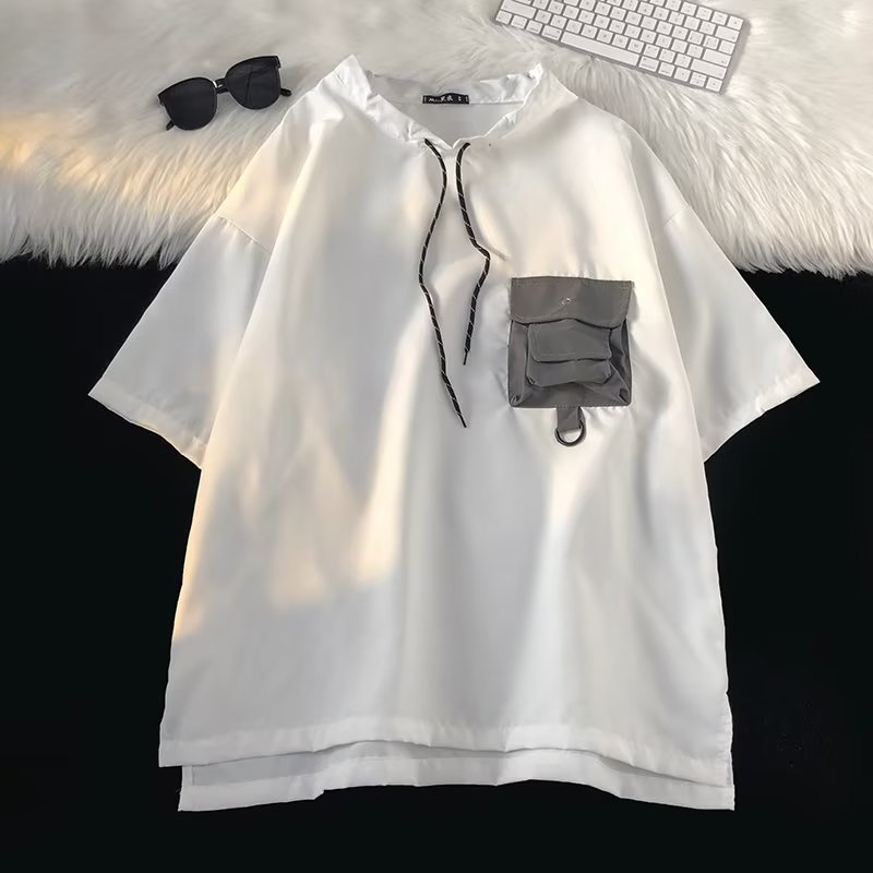 Áo Thun Tay Ngắn Dáng Rộng Phối Dây Rút Phong Cách Nhật Bản Thời Trang Mùa Hè Cho Nam