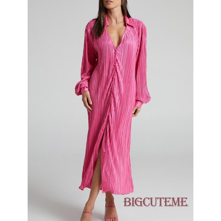 Đầm Midi Tay Dài Cổ Chữ V Xếp Ly Màu Sắc Đơn Giản Cho Nữ