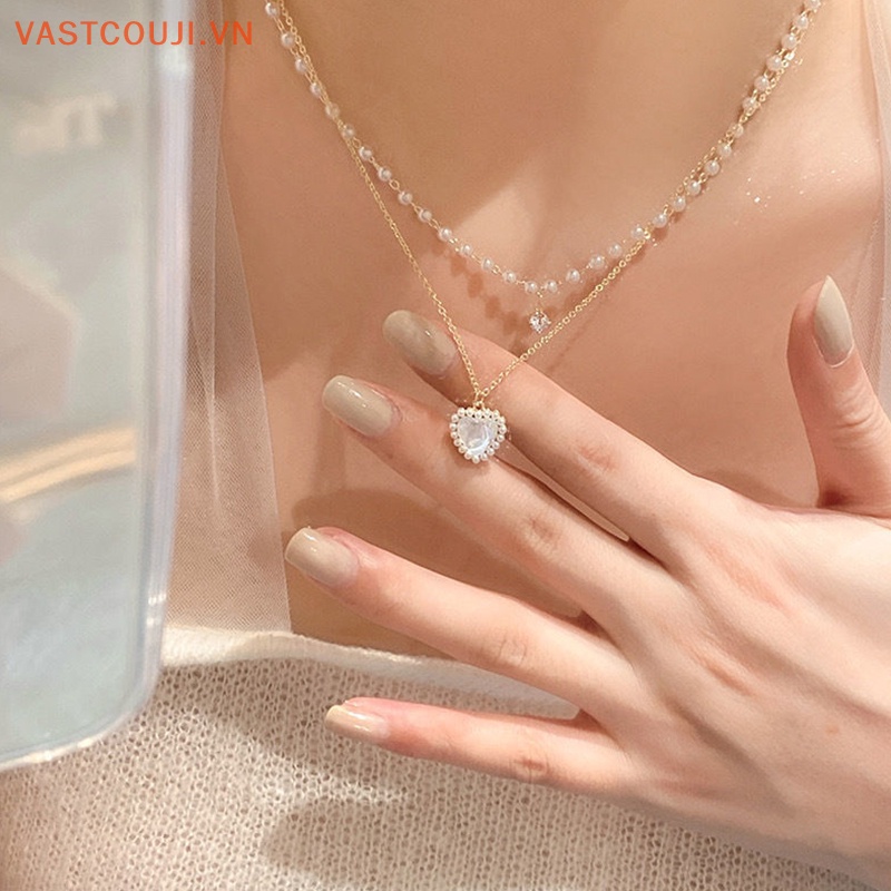 Vòng cổ Mặt Hình Trái Tim Đính Ngọc Trai Dễ Thương Cho Nữ
