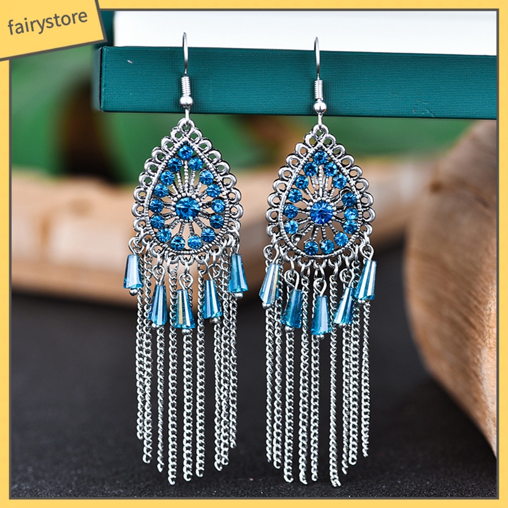 1 Đôi Bông Tai Hình Giọt Nước Đính Đá Phối Tua Rua Phong Cách Vintage