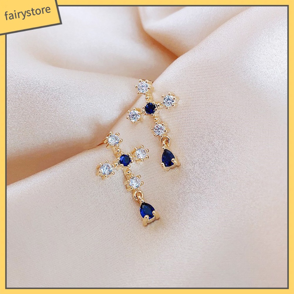 Bông Tai Hình Thánh Giá Đính Đá Sapphire Giả Bằng Hợp Kim Thời Trang Cho Nữ